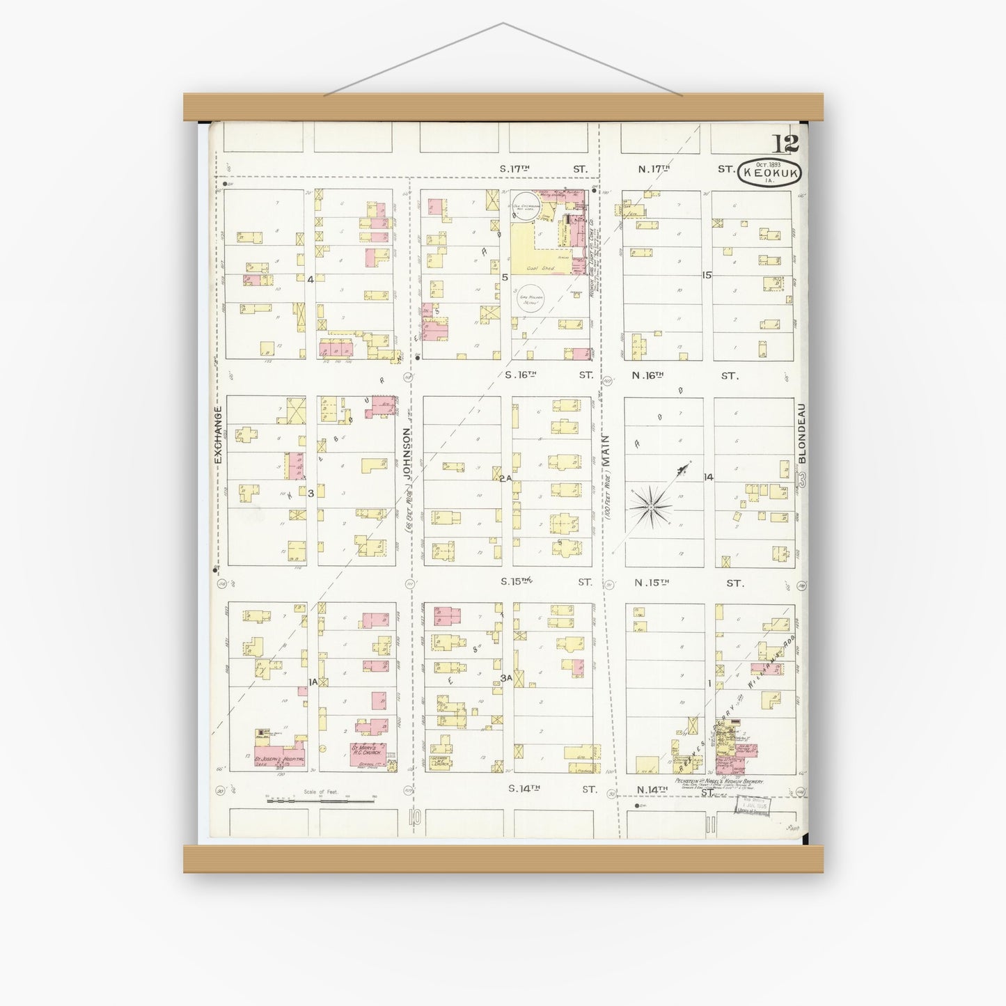 Old map wall art mockup — magnetic wood frame on white wall — Sanborn Fire Insurance Map from Keokuk, Lee County, Iowa (1893), Sheet #0012