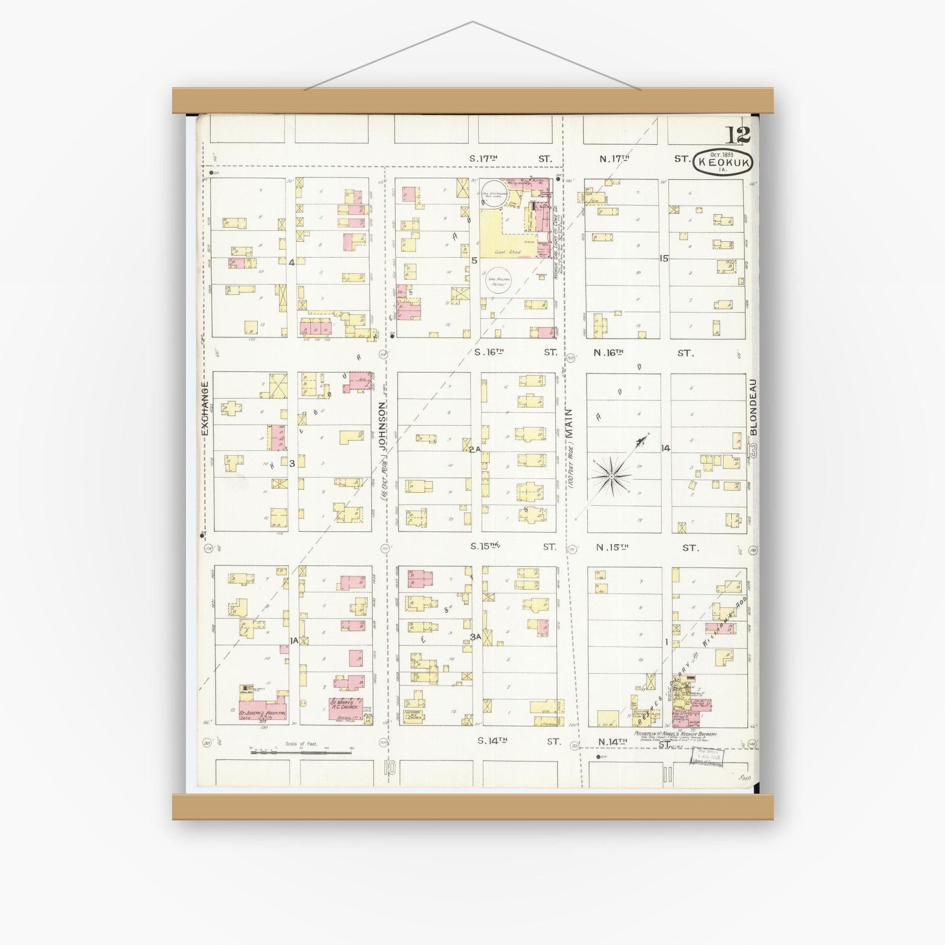 Old map wall art mockup — magnetic wood frame on white wall — Sanborn Fire Insurance Map from Keokuk, Lee County, Iowa (1893), Sheet #0012