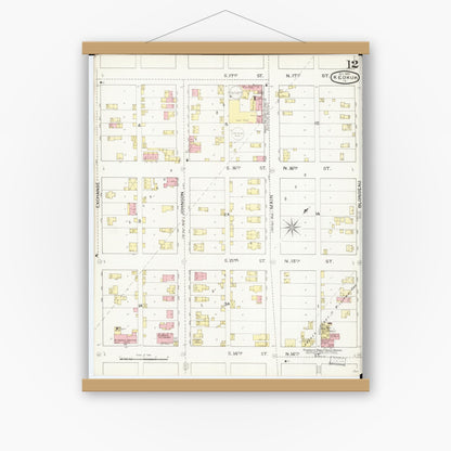 Old map wall art mockup — magnetic wood frame on white wall — Sanborn Fire Insurance Map from Keokuk, Lee County, Iowa (1893), Sheet #0012