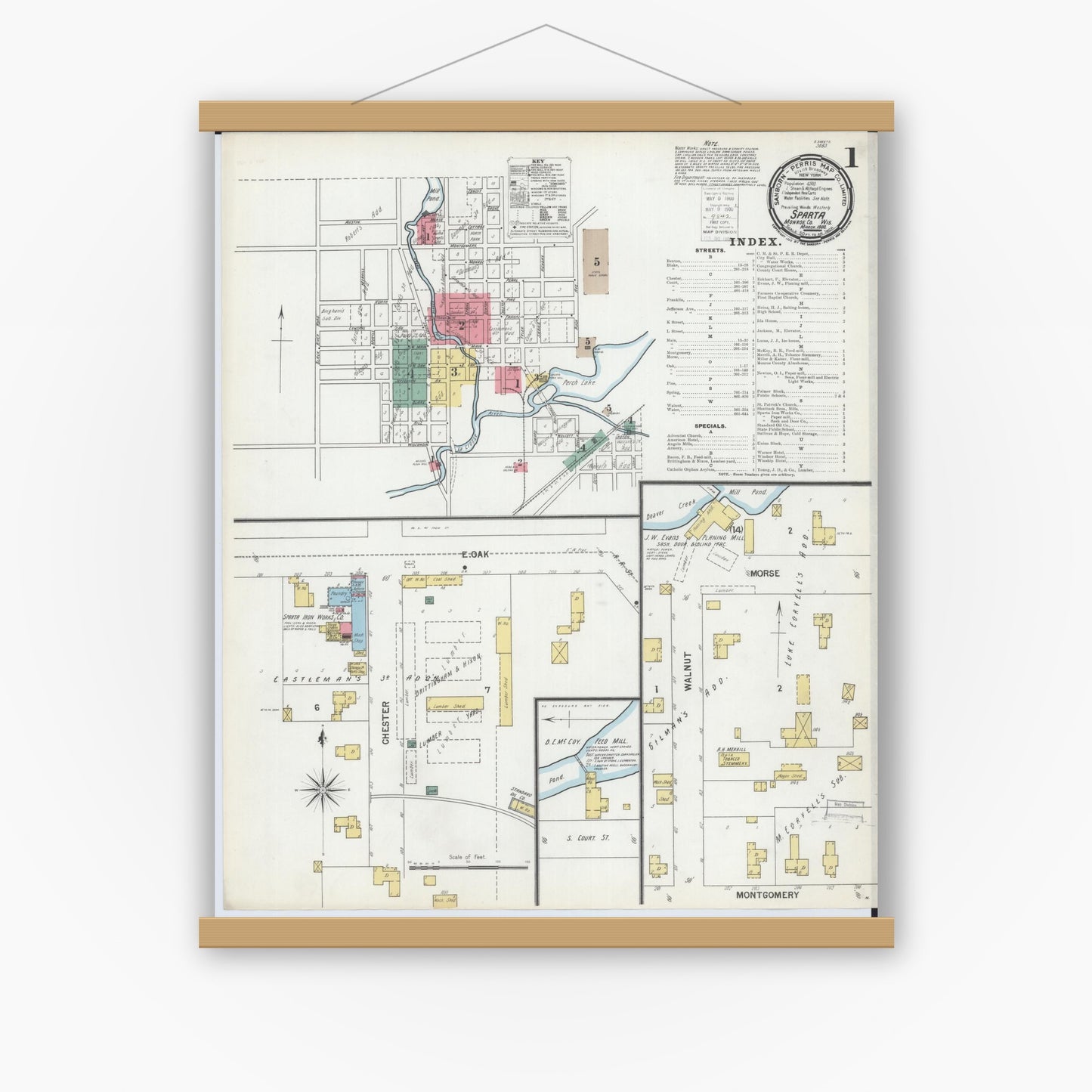 Old map wall art mockup — magnetic wood frame on white wall — Sanborn Fire Insurance Map from Sparta, Monroe County, Wisconsin (1900) - Complete Map Set