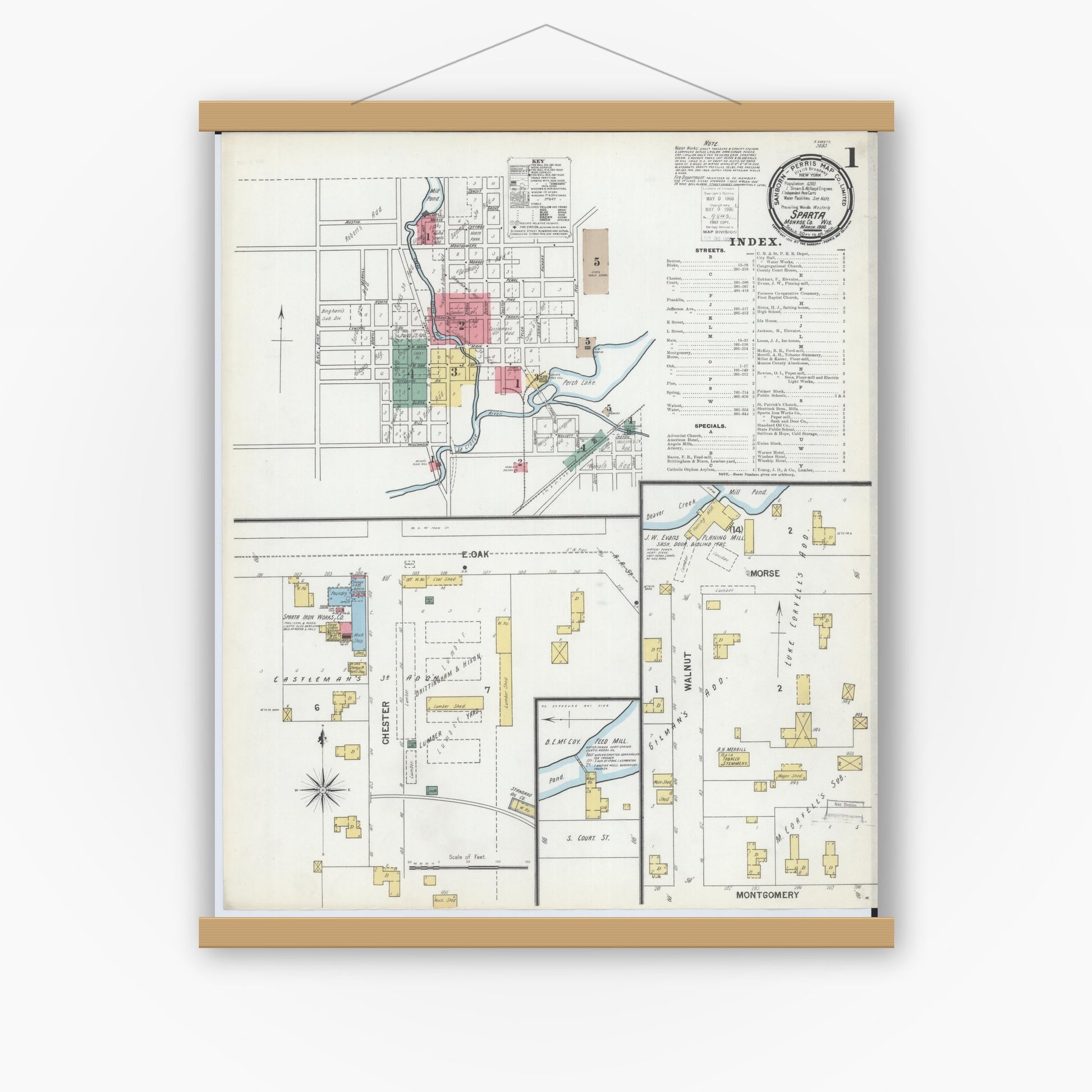 Old map wall art mockup — magnetic wood frame on white wall — Sanborn Fire Insurance Map from Sparta, Monroe County, Wisconsin (1900) - Complete Map Set