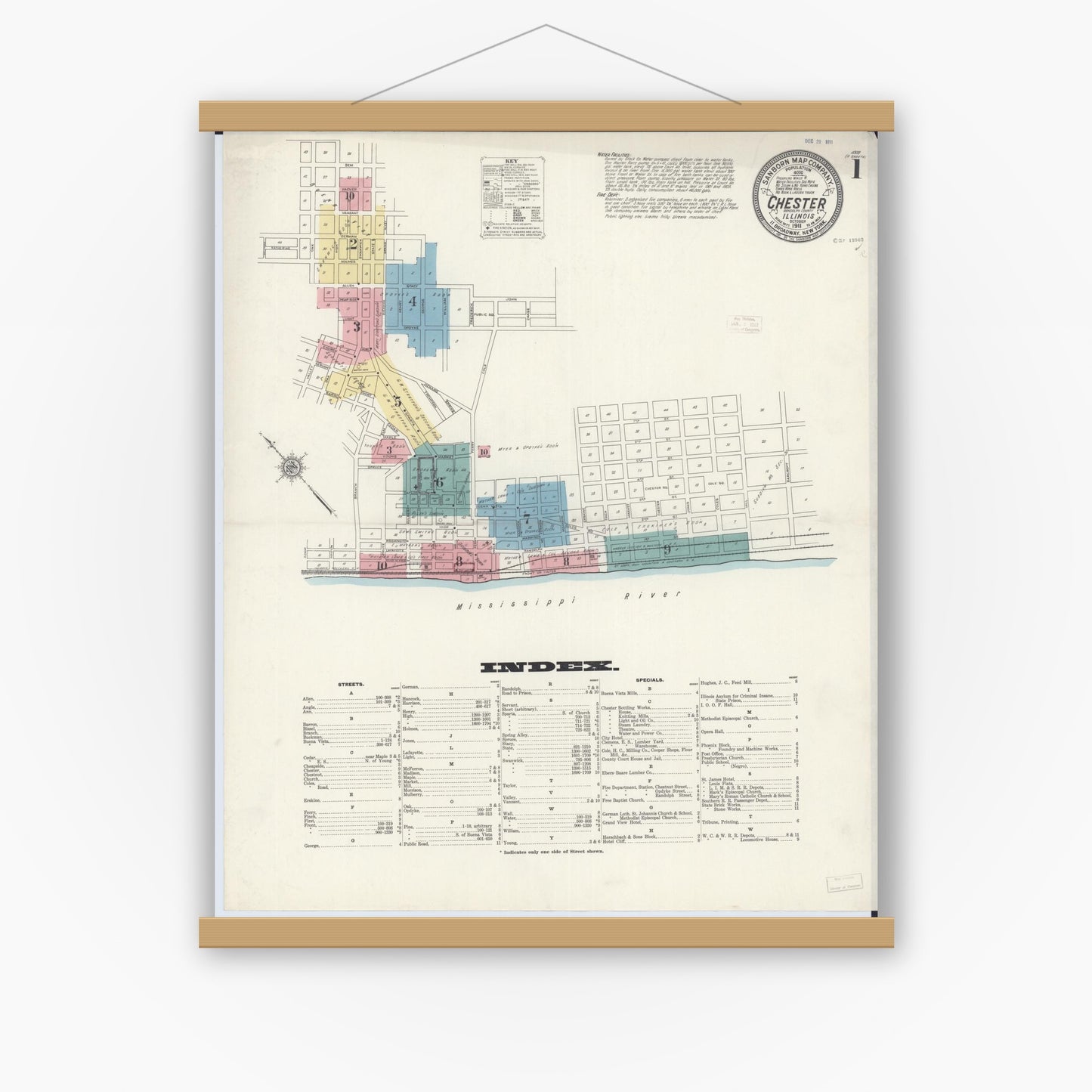 Old map wall art mockup — magnetic wood frame on white wall — Sanborn Fire Insurance Map from Chester, Randolph County, Illinois (1911), Sheet #0001