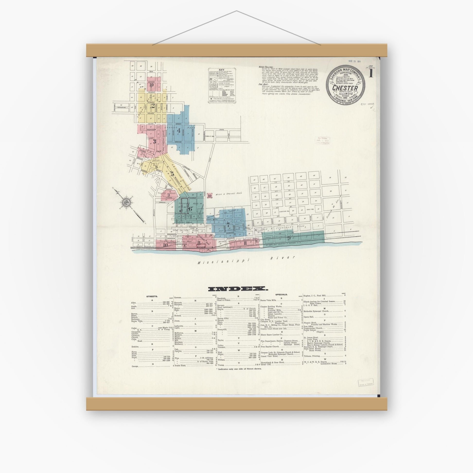 Old map wall art mockup — magnetic wood frame on white wall — Sanborn Fire Insurance Map from Chester, Randolph County, Illinois (1911), Sheet #0001