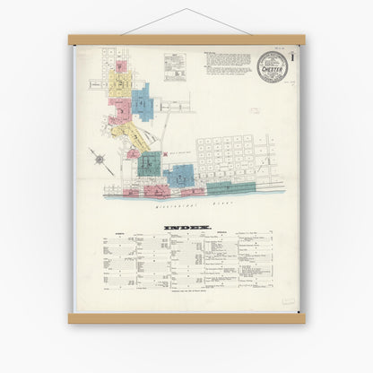 Old map wall art mockup — magnetic wood frame on white wall — Sanborn Fire Insurance Map from Chester, Randolph County, Illinois (1911), Sheet #0001
