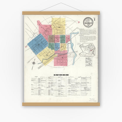 Old map wall art mockup — magnetic wood frame on white wall — Sanborn Fire Insurance Map from San Marcos, Hays County, Texas (1922) - Complete Map Set