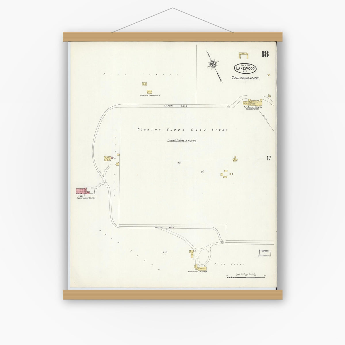 Old map wall art mockup — magnetic wood frame on white wall — Sanborn Fire Insurance Map from Lakewood, Ocean County, New Jersey (1916), Sheet #0018