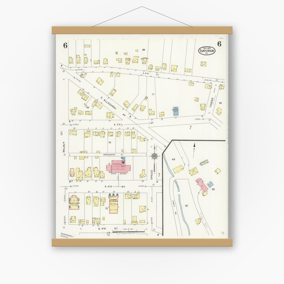 Old map wall art mockup — magnetic wood frame on white wall — Sanborn Fire Insurance Map from Emporium, Cameron County, Pennsylvania (1925), Sheet #0006