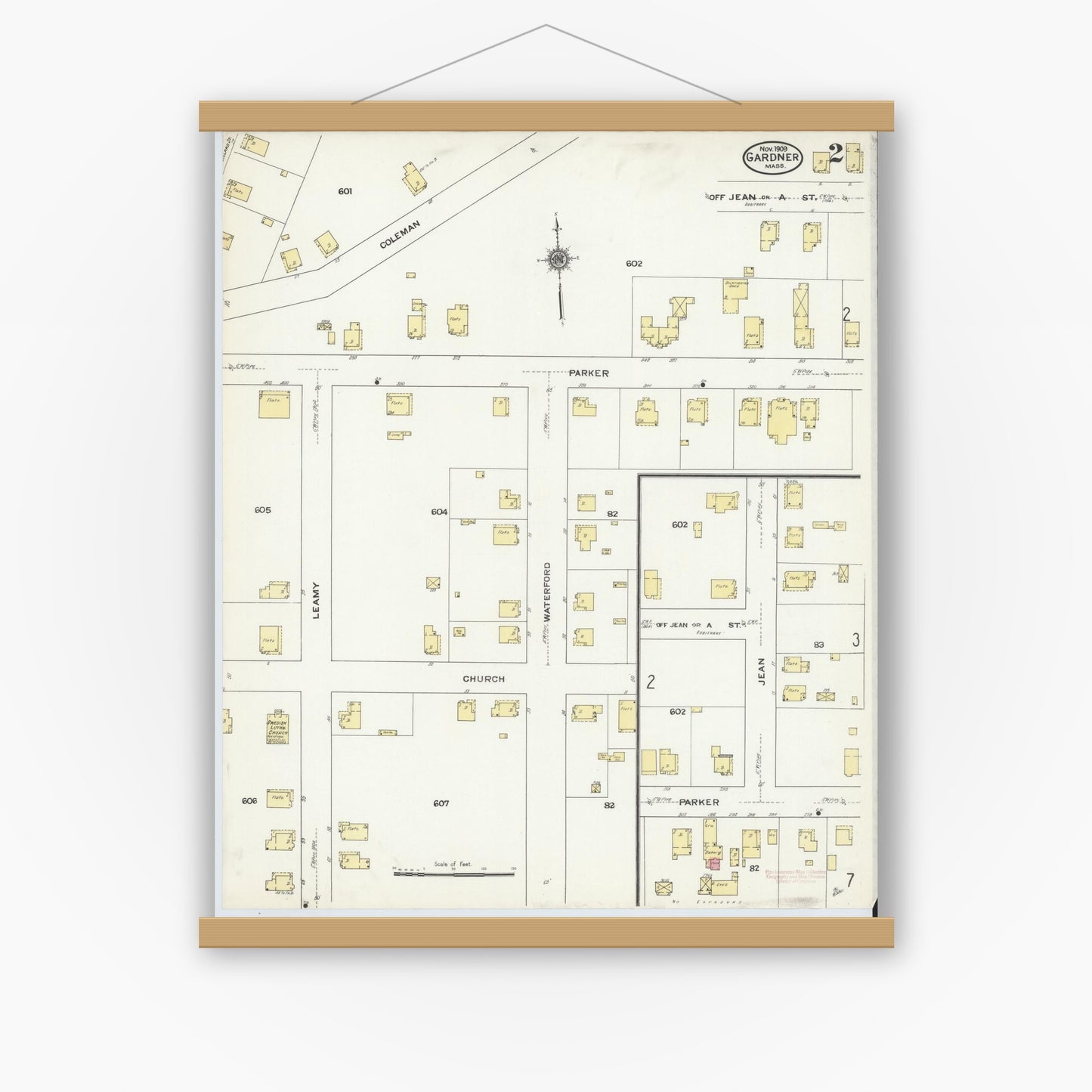 Old map wall art mockup — magnetic wood frame on white wall — Sanborn Fire Insurance Map from Gardner, Worcester County, Massachusetts (1909), Sheet #0002