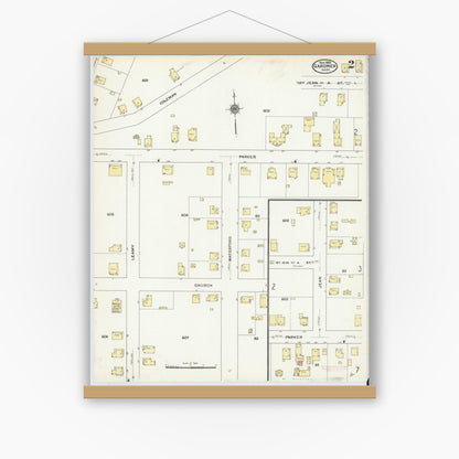 Old map wall art mockup — magnetic wood frame on white wall — Sanborn Fire Insurance Map from Gardner, Worcester County, Massachusetts (1909), Sheet #0002