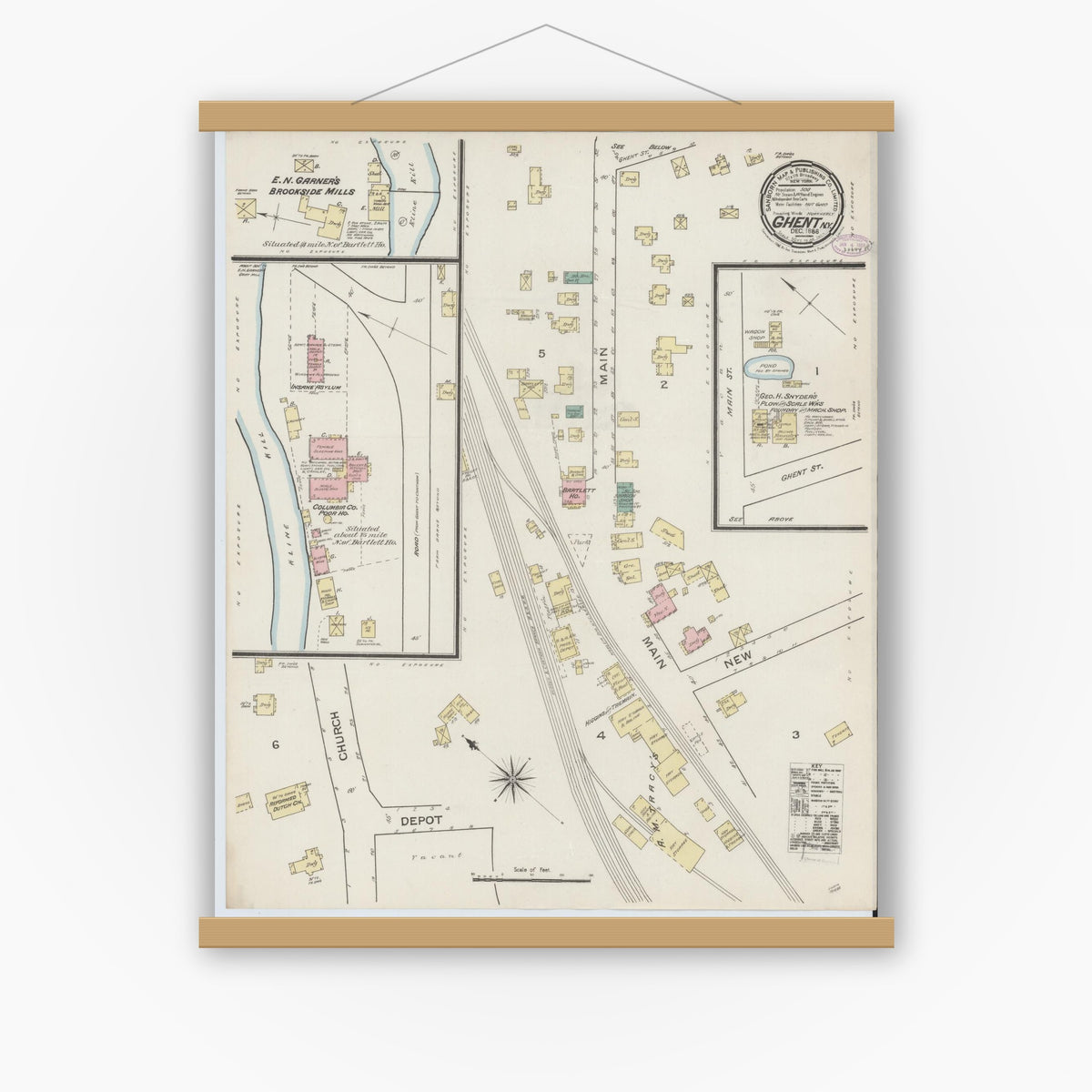 Old map wall art mockup — magnetic wood frame on white wall — Sanborn Fire Insurance Map from Ghent, Columbia County, New York (1886), Sheet #0001