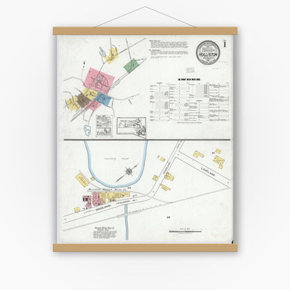 Old map wall art mockup — magnetic wood frame on white wall — Sanborn Fire Insurance Map from Holliston, Middlesex County, Massachusetts (1919) - Complete Map Set
