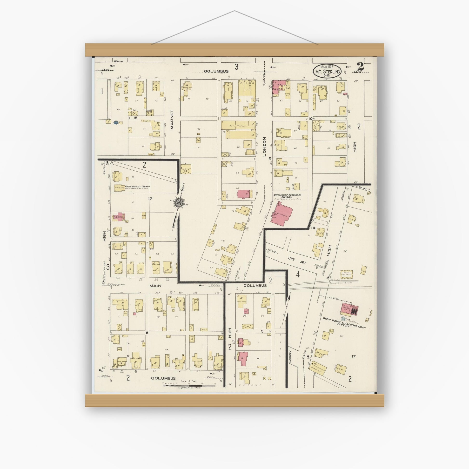 Old map wall art mockup — magnetic wood frame on white wall — Sanborn Fire Insurance Map from Mount Sterling, Madison County, Ohio (1922), Sheet #0002