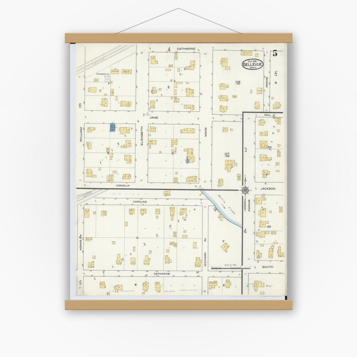 Old map wall art mockup — magnetic wood frame on white wall — Sanborn Fire Insurance Map from Bellevue, Eaton County, Michigan (1916), Sheet #0005