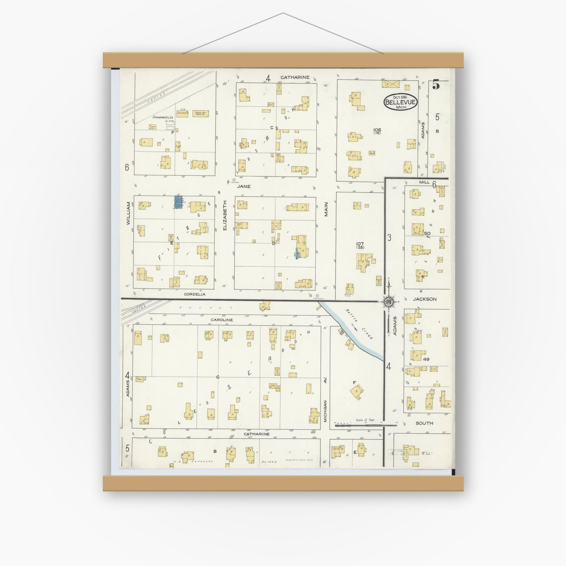 Old map wall art mockup — magnetic wood frame on white wall — Sanborn Fire Insurance Map from Bellevue, Eaton County, Michigan (1916), Sheet #0005