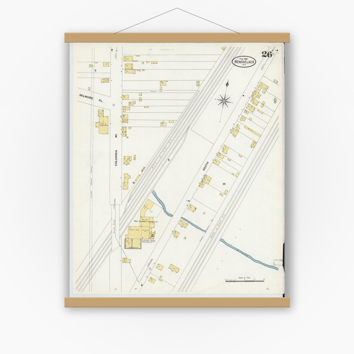 Old map wall art mockup — magnetic wood frame on white wall — Sanborn Fire Insurance Map from Rensselaer, Rensselaer County, New York (1909), Sheet #0026