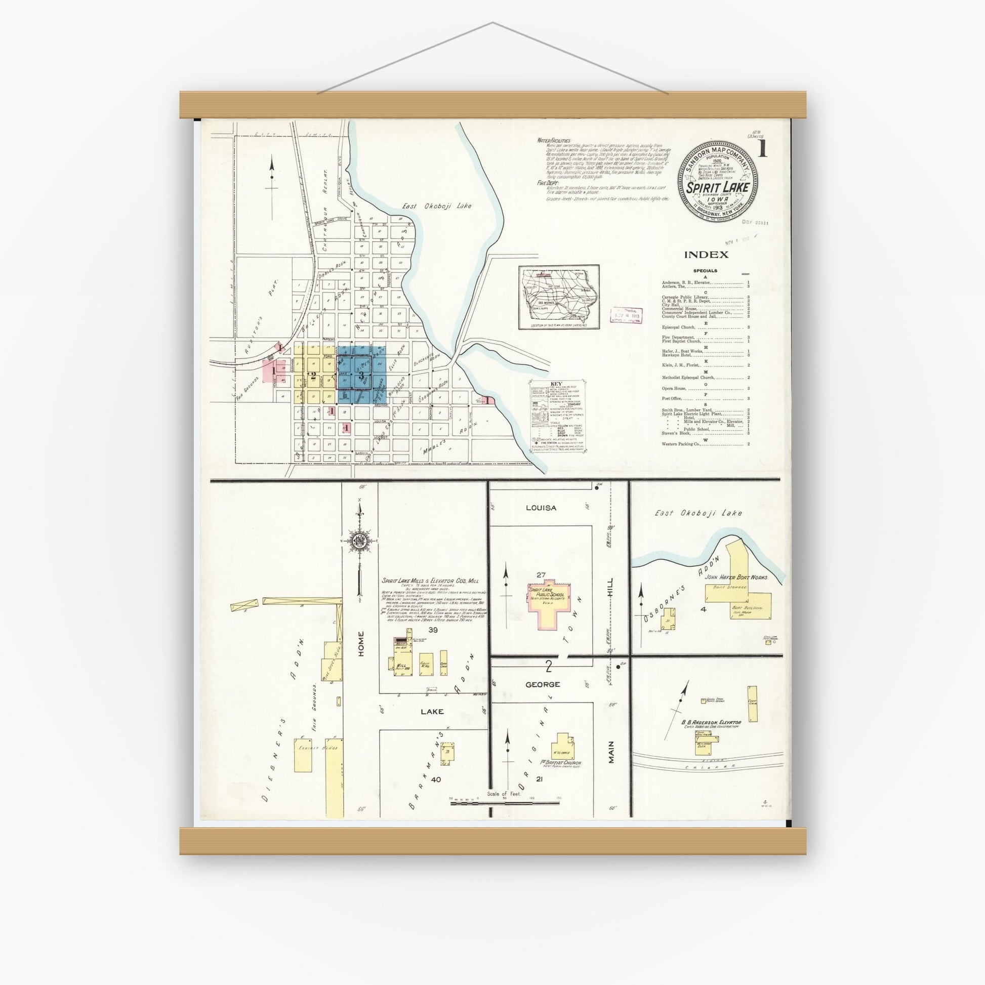 Old map wall art mockup — magnetic wood frame on white wall — Sanborn Fire Insurance Map from Spirit Lake, Dickinson County, Iowa (1913), Sheet #0001
