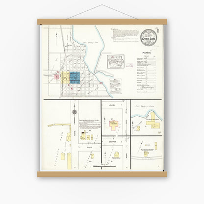 Old map wall art mockup — magnetic wood frame on white wall — Sanborn Fire Insurance Map from Spirit Lake, Dickinson County, Iowa (1913), Sheet #0001