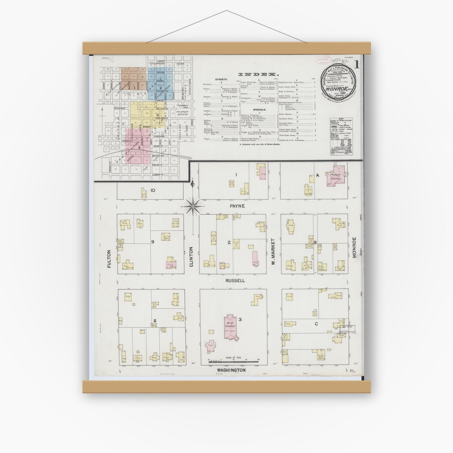 Old map wall art mockup — magnetic wood frame on white wall — Sanborn Fire Insurance Map from Monroe, Green County, Wisconsin (1889) - Complete Map Set