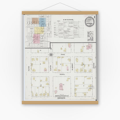 Old map wall art mockup — magnetic wood frame on white wall — Sanborn Fire Insurance Map from Monroe, Green County, Wisconsin (1889) - Complete Map Set