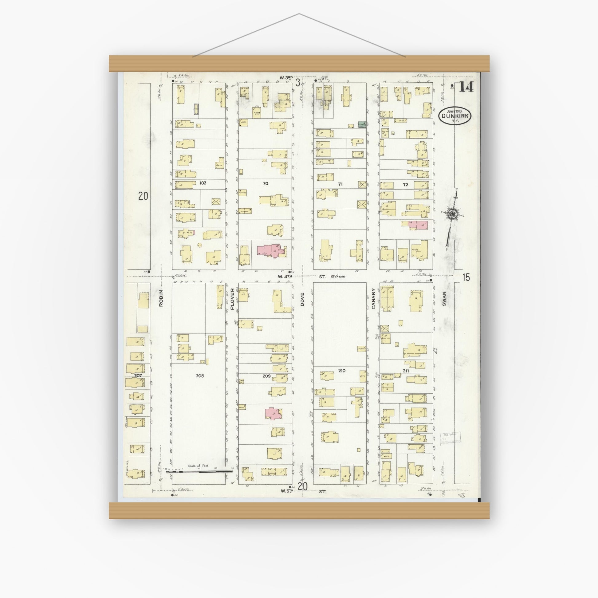 Old map wall art mockup — magnetic wood frame on white wall — Sanborn Fire Insurance Map from Dunkirk, Chautauqua County, New York (1910), Sheet #0014