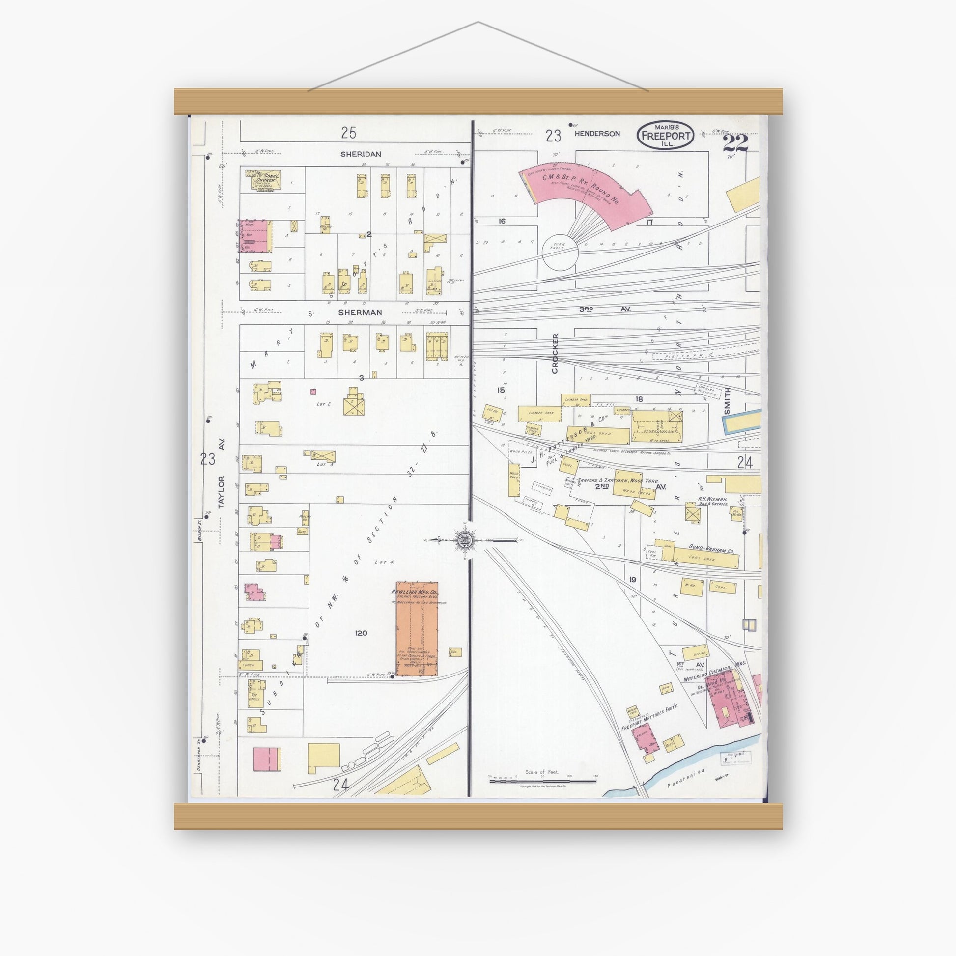 Old map wall art mockup — magnetic wood frame on white wall — Sanborn Fire Insurance Map from Freeport, Stephenson County, Illinois (1918), Sheet #0022