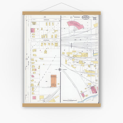 Old map wall art mockup — magnetic wood frame on white wall — Sanborn Fire Insurance Map from Freeport, Stephenson County, Illinois (1918), Sheet #0022