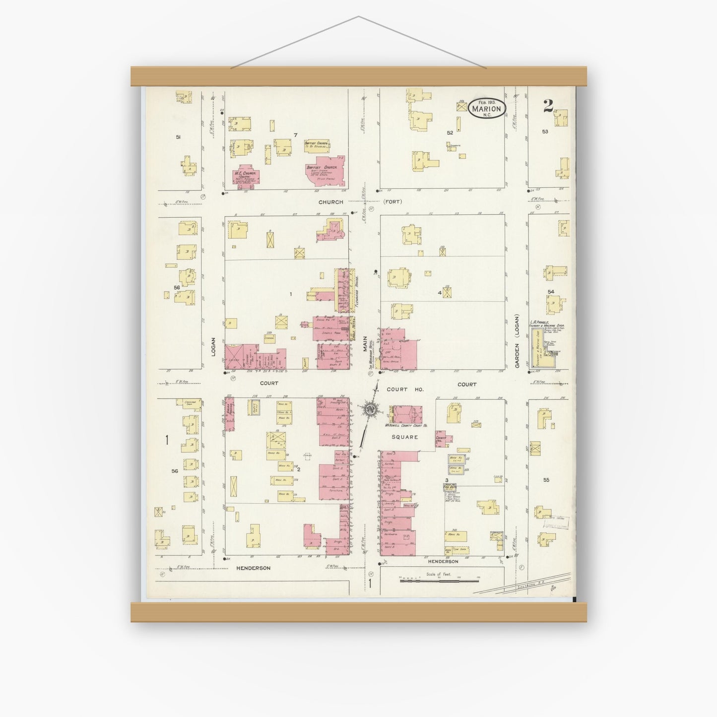 Old map wall art mockup — magnetic wood frame on white wall — Sanborn Fire Insurance Map from Marion, Mcdowell County, North Carolina (1913), Sheet #0002