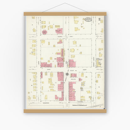 Old map wall art mockup — magnetic wood frame on white wall — Sanborn Fire Insurance Map from Marion, Mcdowell County, North Carolina (1913), Sheet #0002