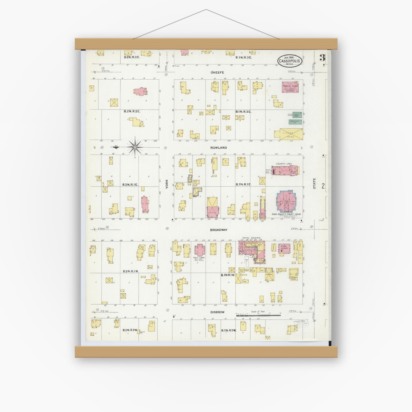 Old map wall art mockup — magnetic wood frame on white wall — Sanborn Fire Insurance Map from Cassopolis, Cass County, Michigan (1909), Sheet #0003