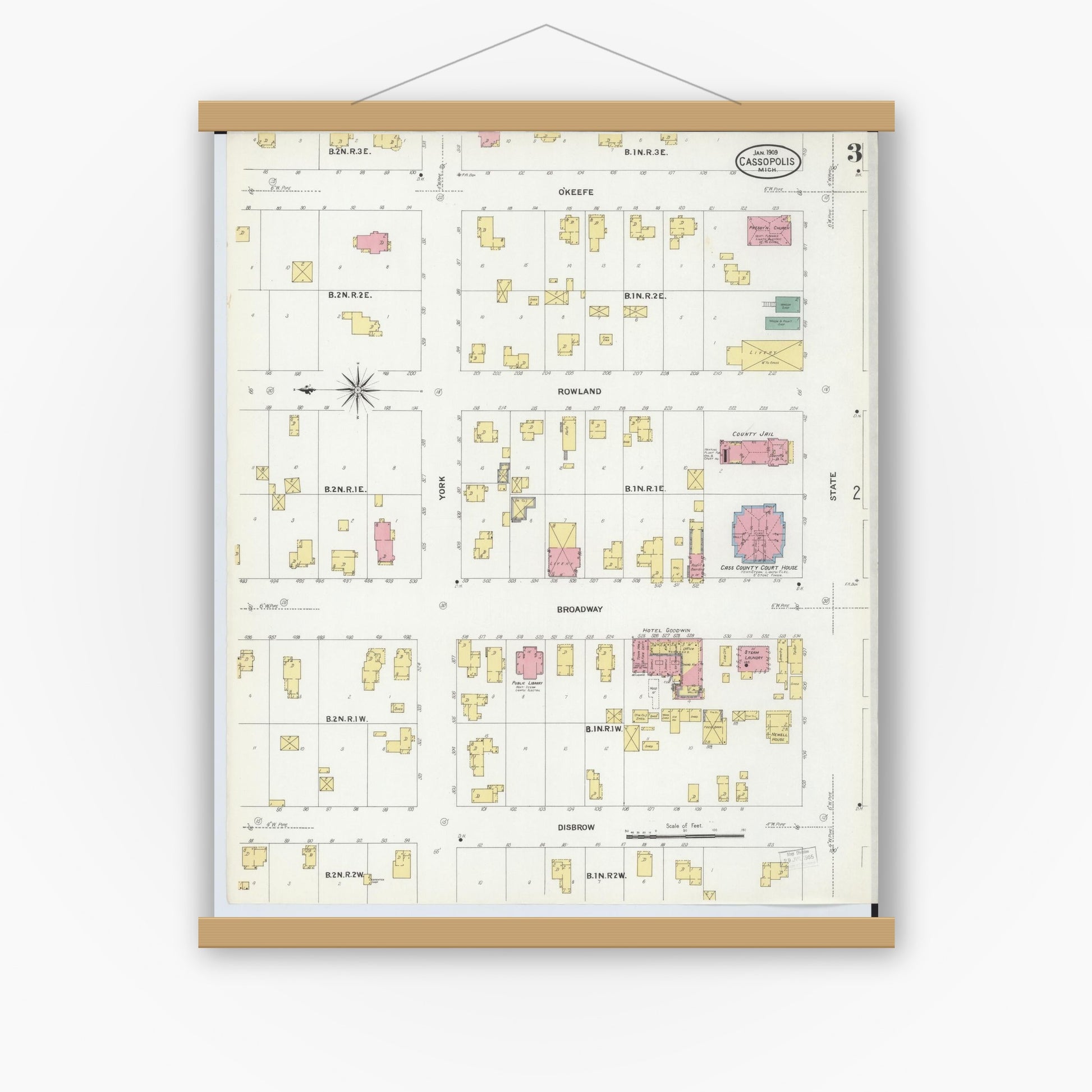 Old map wall art mockup — magnetic wood frame on white wall — Sanborn Fire Insurance Map from Cassopolis, Cass County, Michigan (1909), Sheet #0003