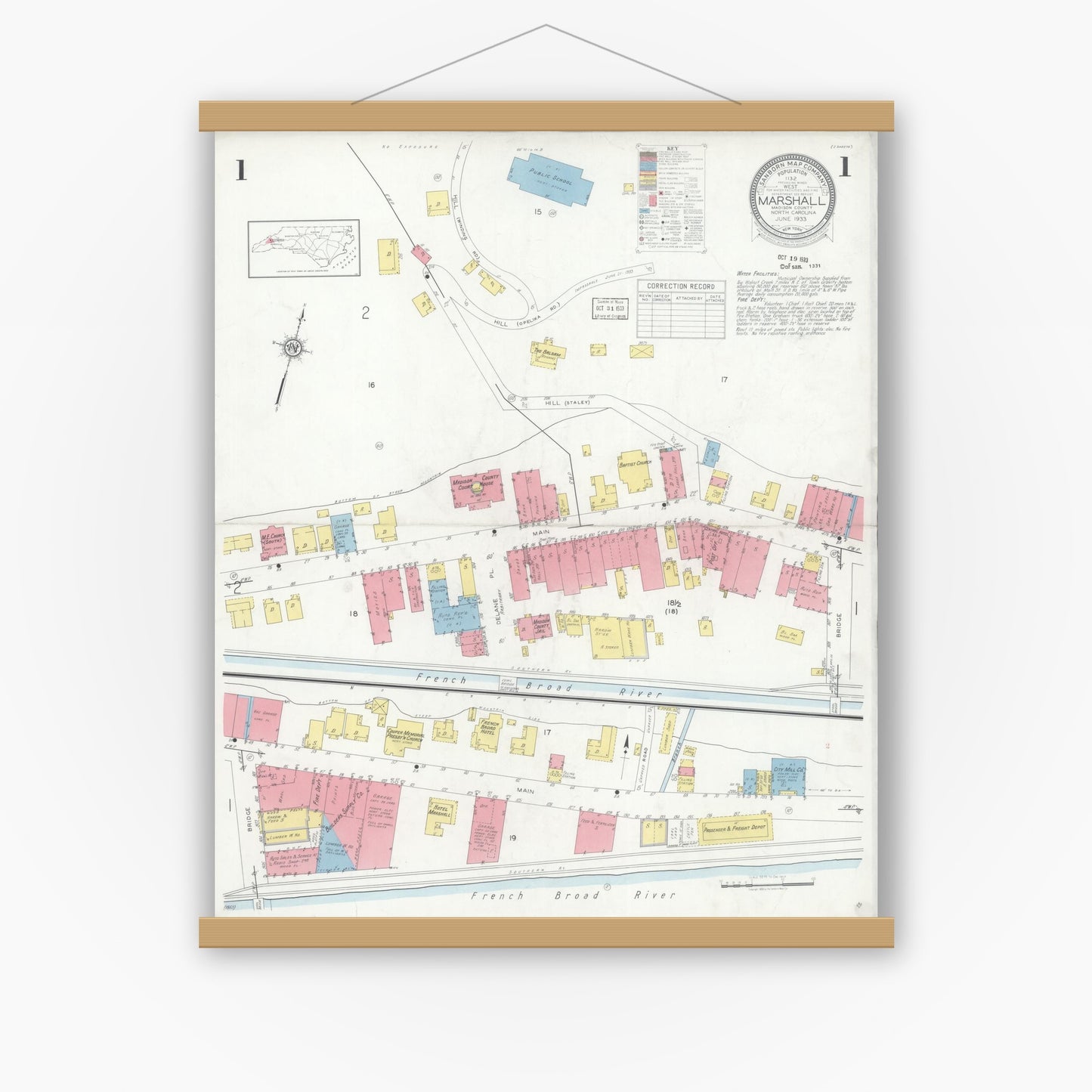 Old map wall art mockup — magnetic wood frame on white wall — Sanborn Fire Insurance Map from Marshall, Madison County, North Carolina (1933) - Complete Map Set