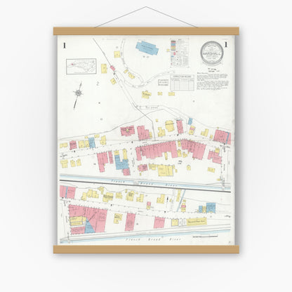 Old map wall art mockup — magnetic wood frame on white wall — Sanborn Fire Insurance Map from Marshall, Madison County, North Carolina (1933) - Complete Map Set
