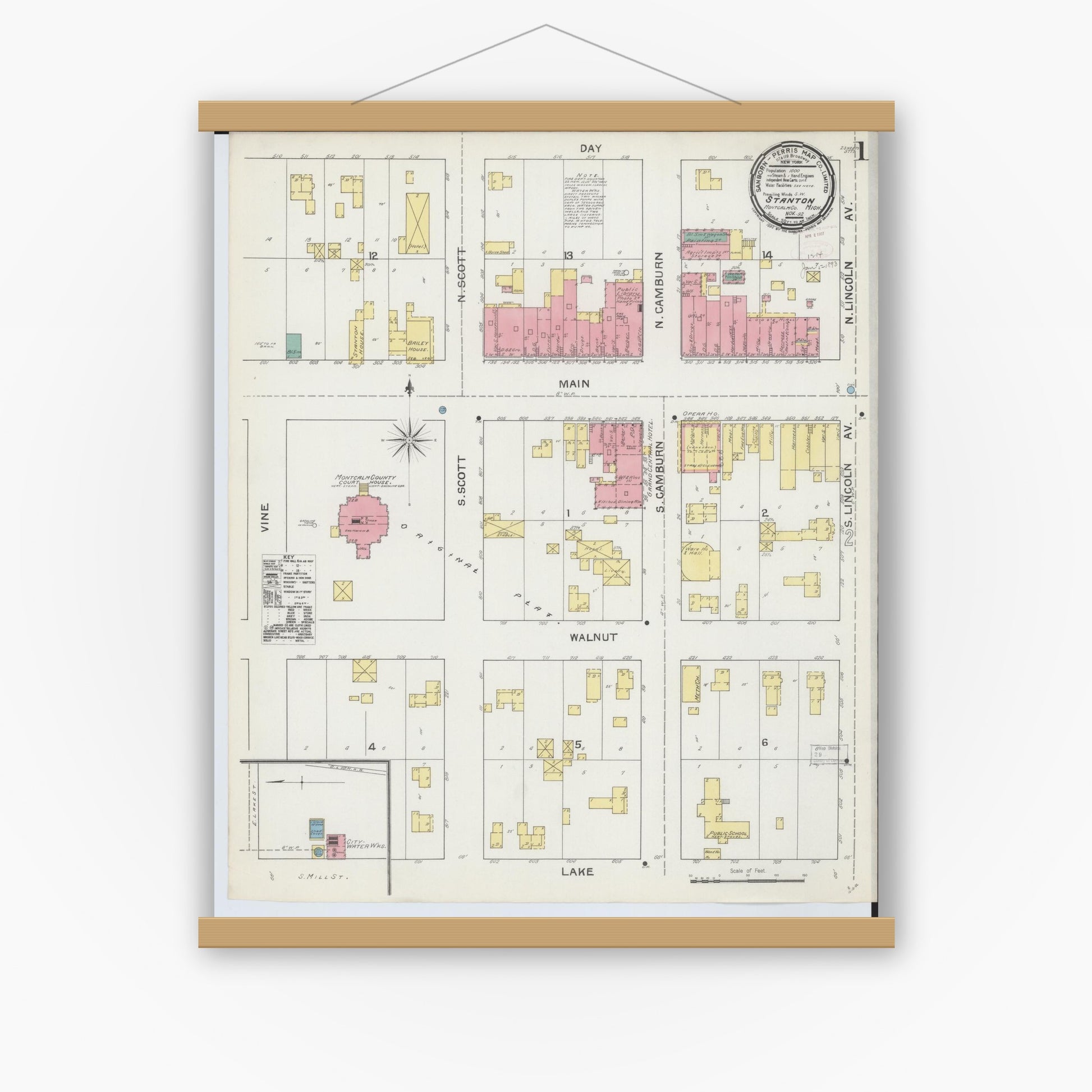 Old map wall art mockup — magnetic wood frame on white wall — Sanborn Fire Insurance Map from Stanton, Montcalm County, Michigan (1892) - Complete Map Set