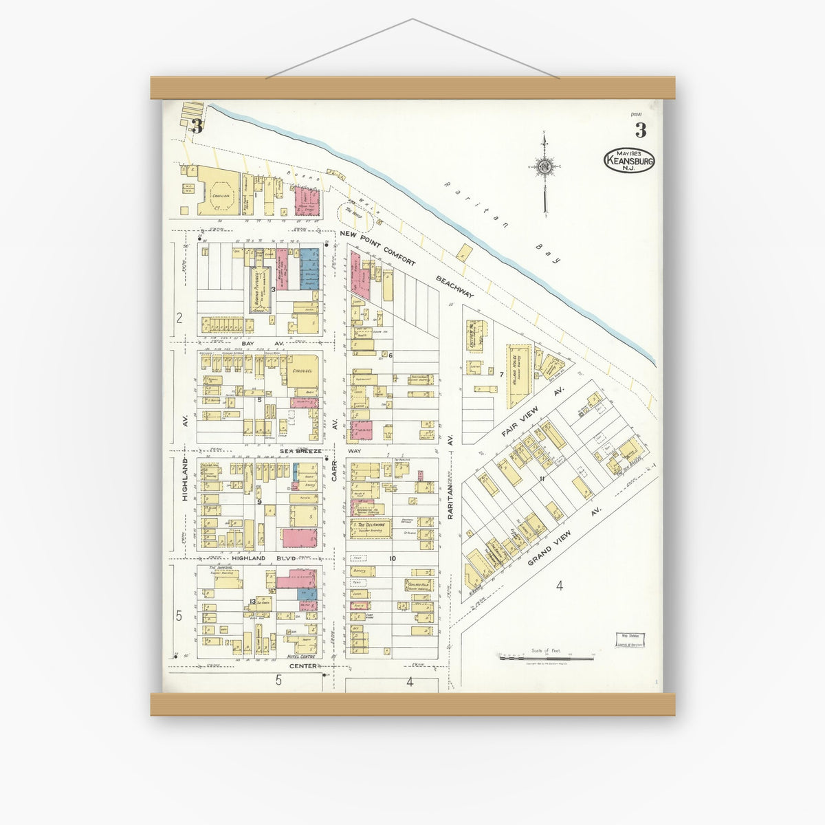 Old map wall art mockup — magnetic wood frame on white wall — Sanborn Fire Insurance Map from Keansburg, Monmouth County, New Jersey (1923), Sheet #0003
