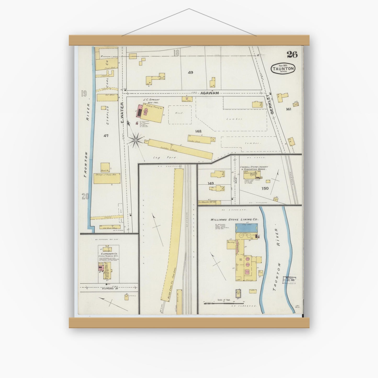 Old map wall art mockup — magnetic wood frame on white wall — Sanborn Fire Insurance Map from Taunton, Bristol County, Massachusetts (1893), Sheet #0026