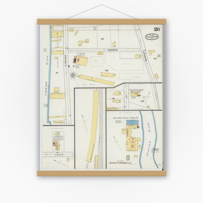 Old map wall art mockup — magnetic wood frame on white wall — Sanborn Fire Insurance Map from Taunton, Bristol County, Massachusetts (1893), Sheet #0026
