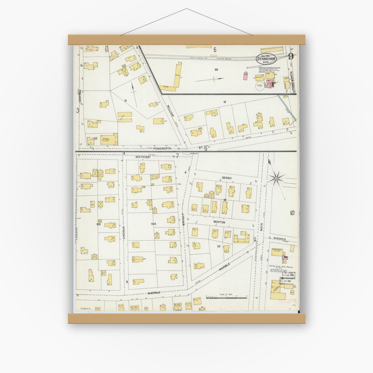 Old map wall art mockup — magnetic wood frame on white wall — Sanborn Fire Insurance Map from Stoneham, Middlesex County, Massachusetts (1903), Sheet #0009
