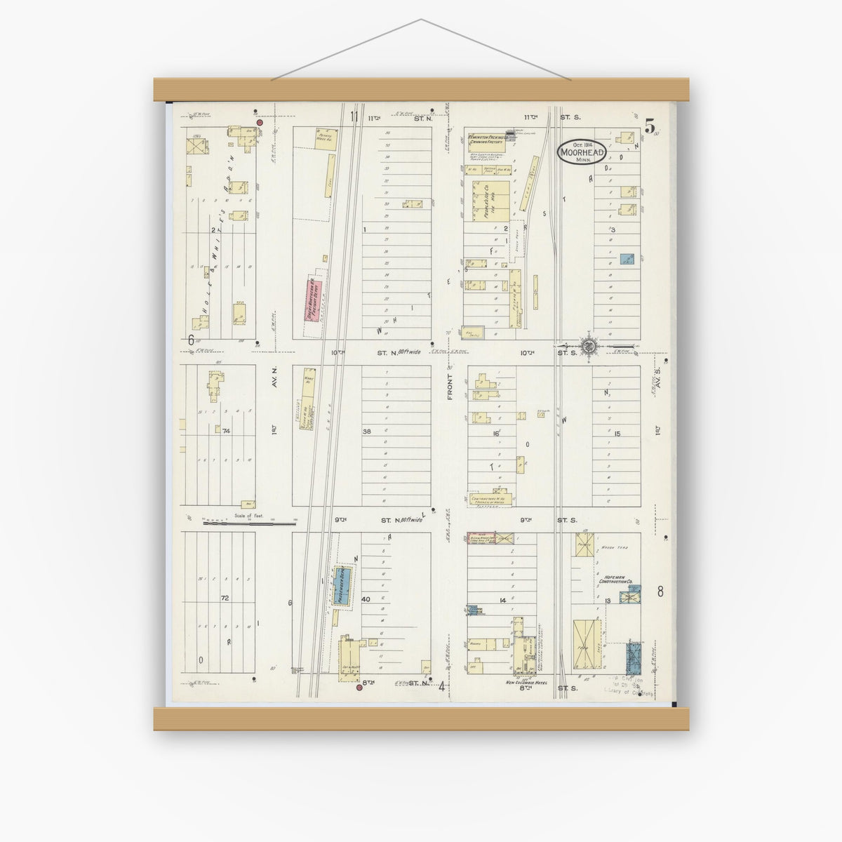 Old map wall art mockup — magnetic wood frame on white wall — Sanborn Fire Insurance Map from Moorhead, Clay County, Minnesota (1914), Sheet #0005