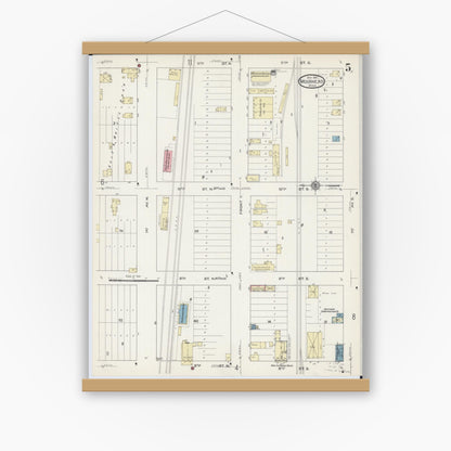 Old map wall art mockup — magnetic wood frame on white wall — Sanborn Fire Insurance Map from Moorhead, Clay County, Minnesota (1914), Sheet #0005