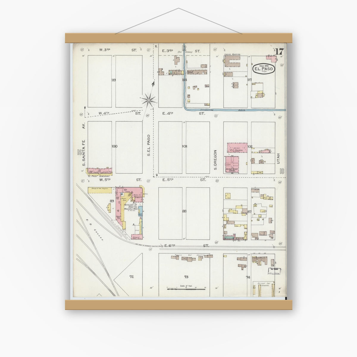 Old map wall art mockup — magnetic wood frame on white wall — Sanborn Fire Insurance Map from El Paso, El Paso County, Texas (1893), Sheet #0017