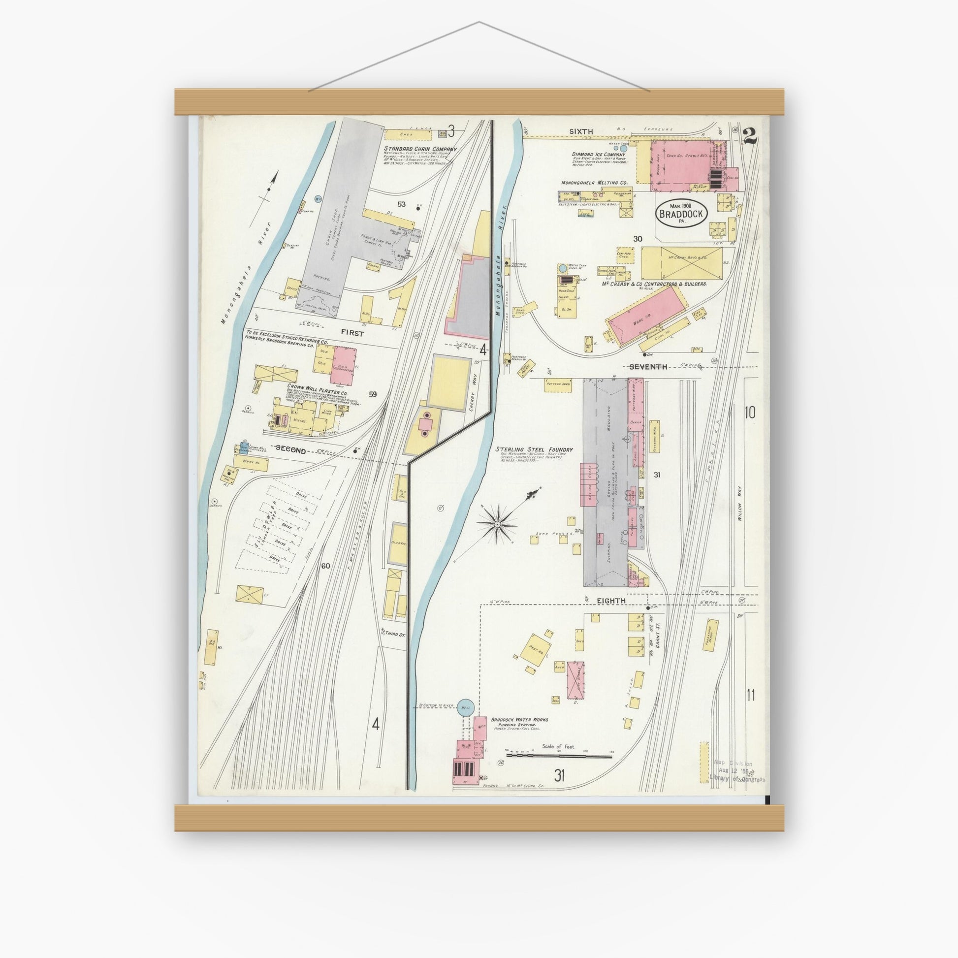 Old map wall art mockup — magnetic wood frame on white wall — Sanborn Fire Insurance Map from Braddock, Allegheny County, Pennsylvania (1908), Sheet #0002