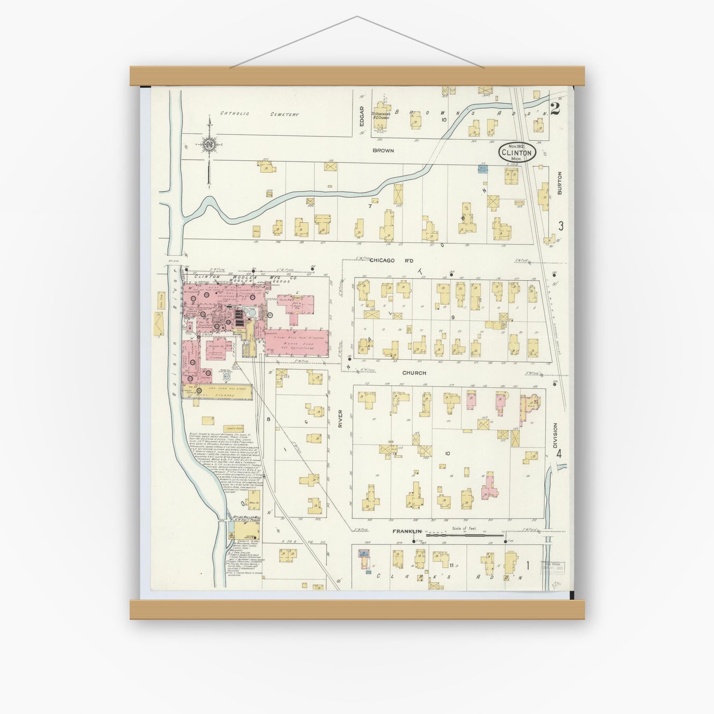 Old map wall art mockup — magnetic wood frame on white wall — Sanborn Fire Insurance Map from Clinton, Lenawee County, Michigan (1912), Sheet #0002