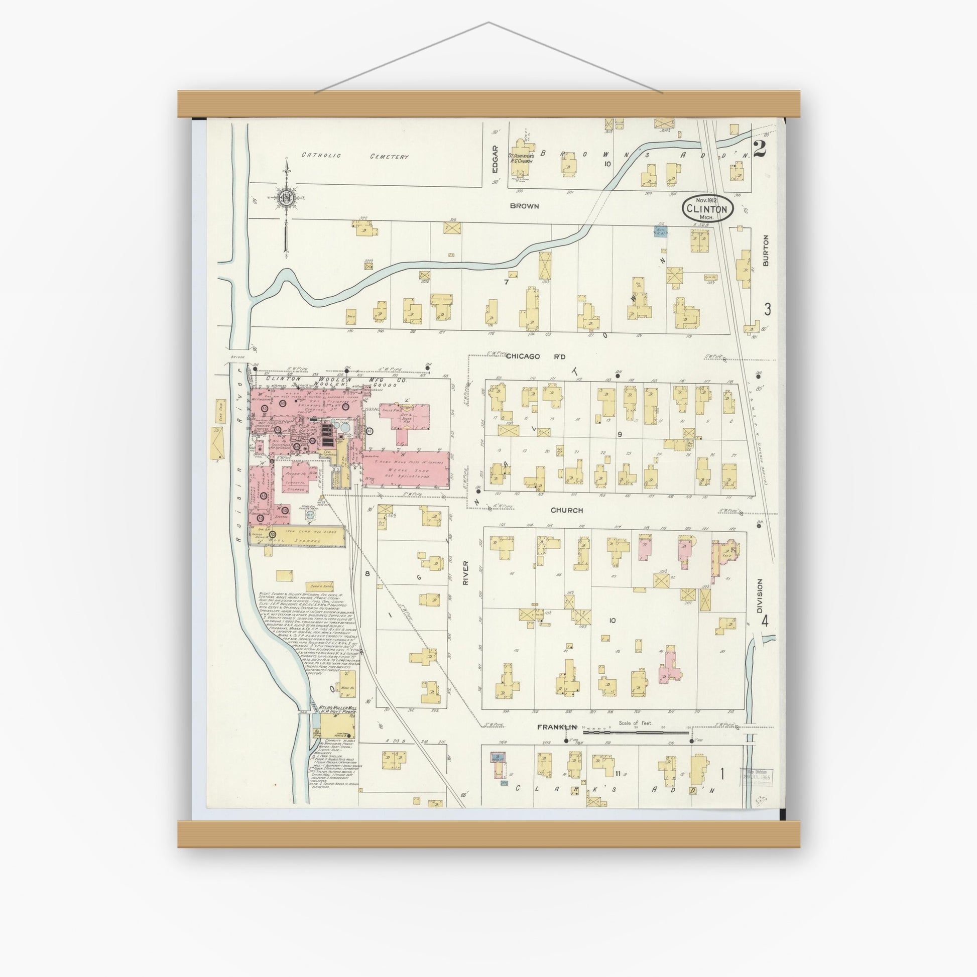 Old map wall art mockup — magnetic wood frame on white wall — Sanborn Fire Insurance Map from Clinton, Lenawee County, Michigan (1912), Sheet #0002