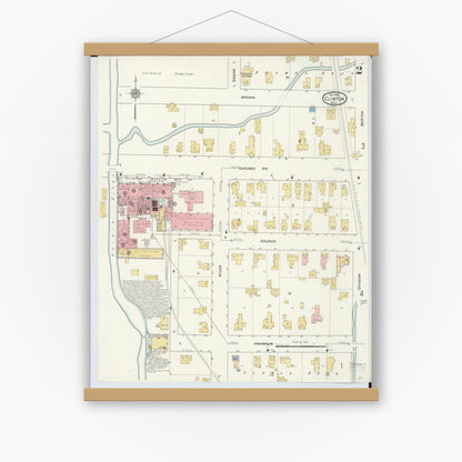 Old map wall art mockup — magnetic wood frame on white wall — Sanborn Fire Insurance Map from Clinton, Lenawee County, Michigan (1912), Sheet #0002