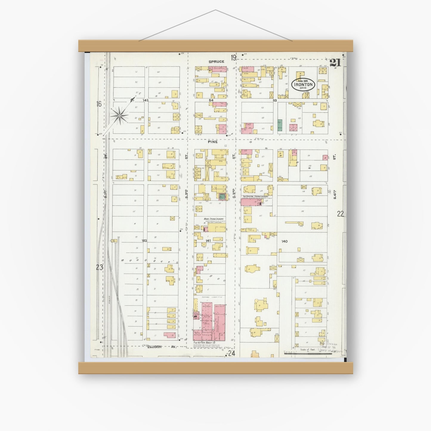 Old map wall art mockup — magnetic wood frame on white wall — Sanborn Fire Insurance Map from Ironton, Lawrence County, Ohio (1904), Sheet #0021