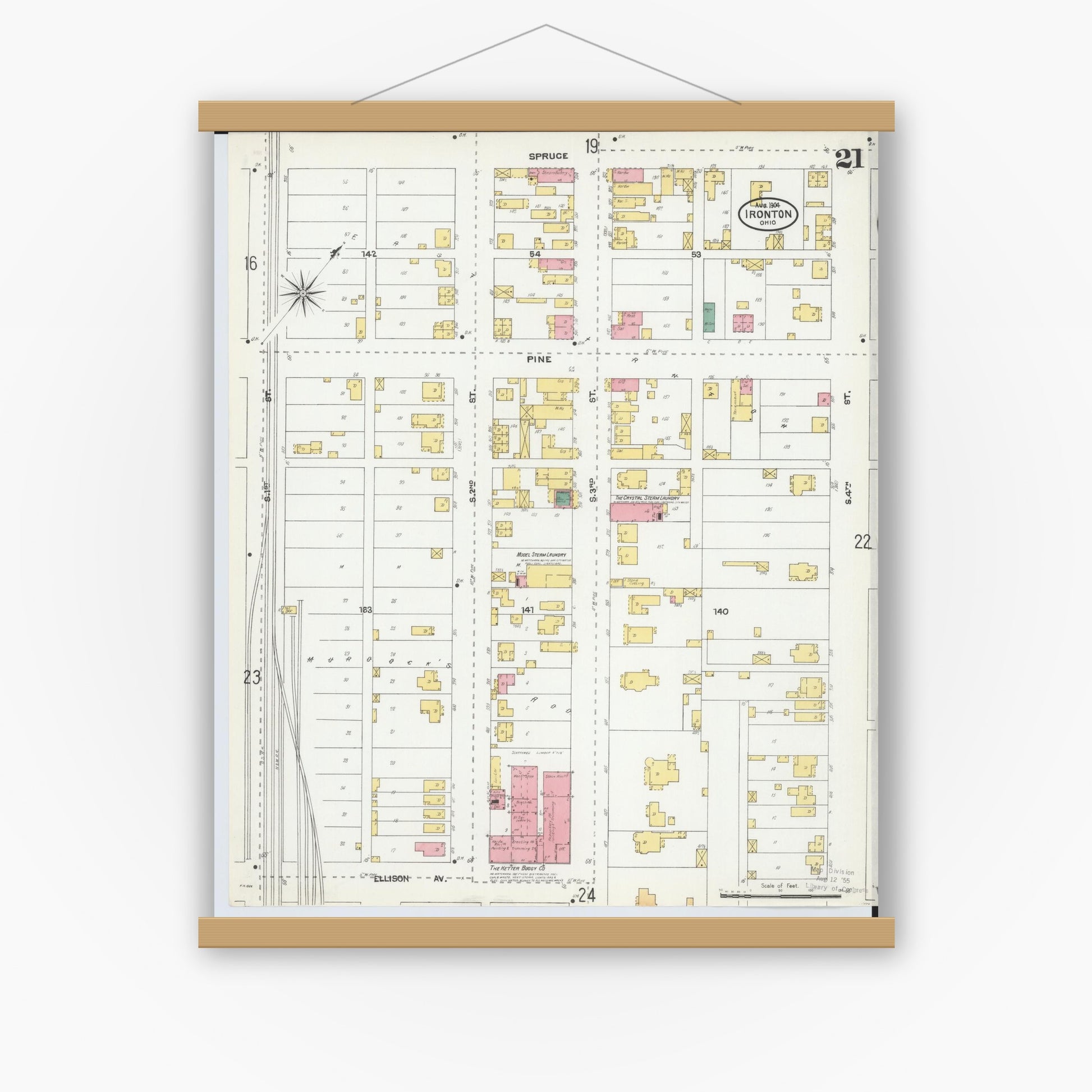 Old map wall art mockup — magnetic wood frame on white wall — Sanborn Fire Insurance Map from Ironton, Lawrence County, Ohio (1904), Sheet #0021