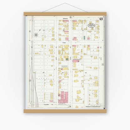 Old map wall art mockup — magnetic wood frame on white wall — Sanborn Fire Insurance Map from Ironton, Lawrence County, Ohio (1904), Sheet #0021