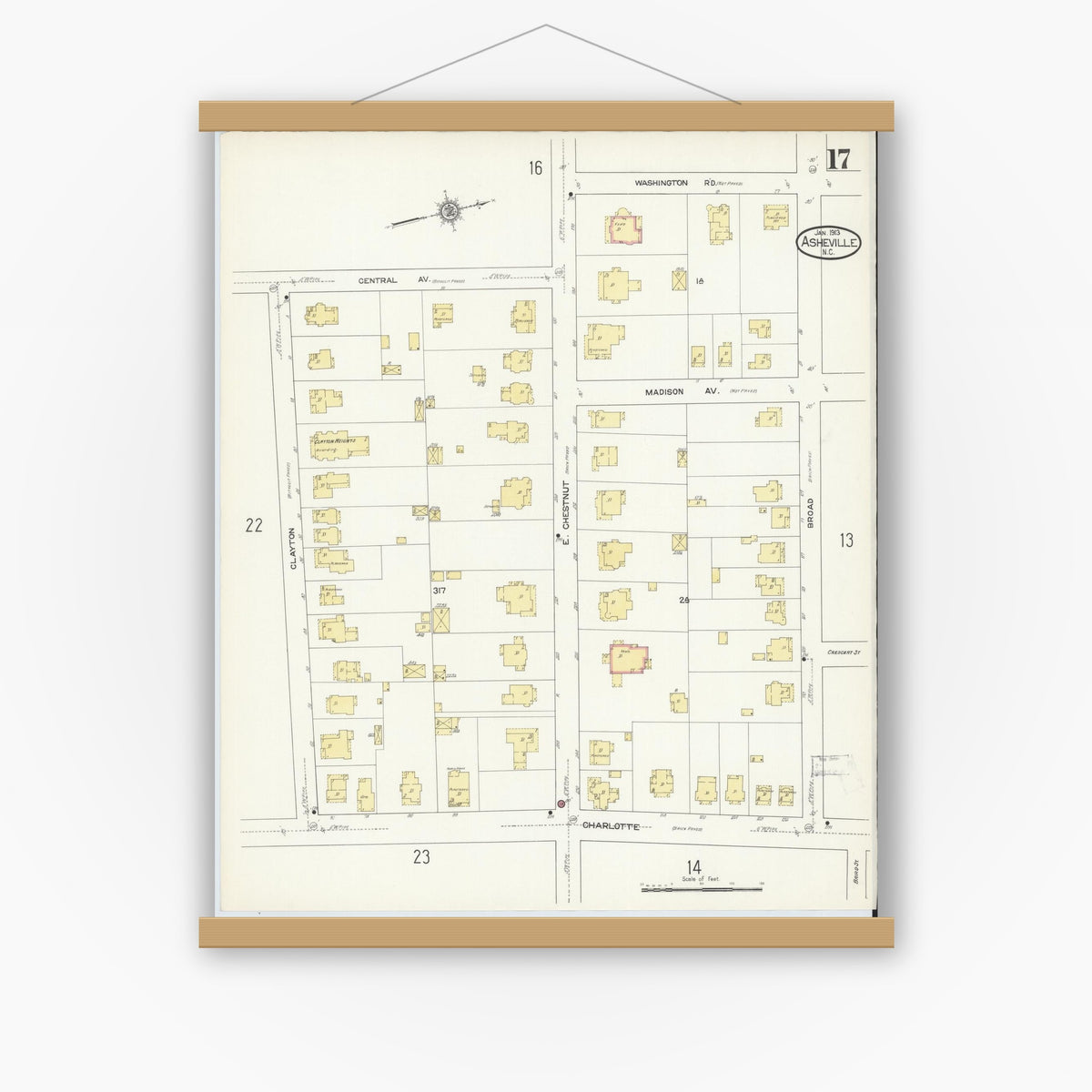 Old map wall art mockup — magnetic wood frame on white wall — Sanborn Fire Insurance Map from Asheville, Buncombe County, North Carolina (1913), Sheet #0017
