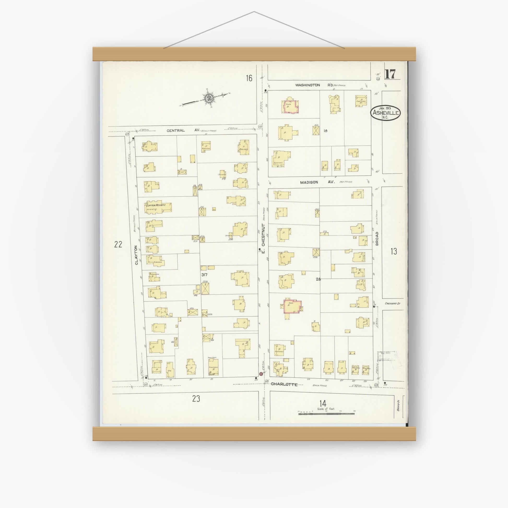 Old map wall art mockup — magnetic wood frame on white wall — Sanborn Fire Insurance Map from Asheville, Buncombe County, North Carolina (1913), Sheet #0017