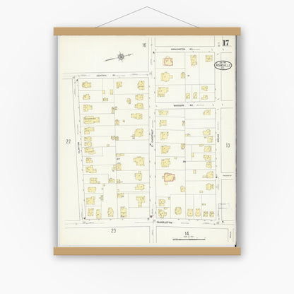 Old map wall art mockup — magnetic wood frame on white wall — Sanborn Fire Insurance Map from Asheville, Buncombe County, North Carolina (1913), Sheet #0017